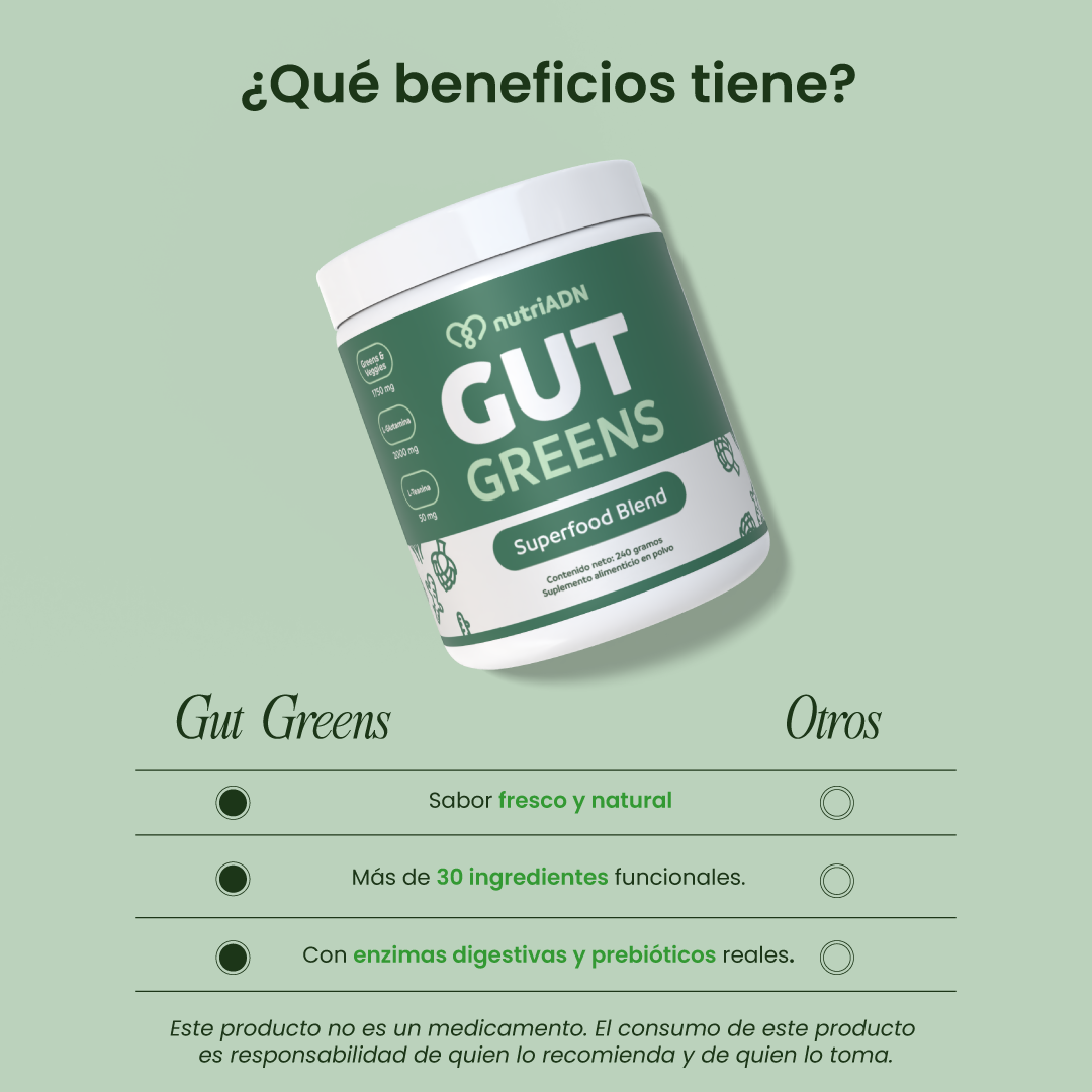Gut Greens con Glutamina, Enzimas Digestivas, Cúrcuma, Jengibre y Superverdes – Digestión y Energía
