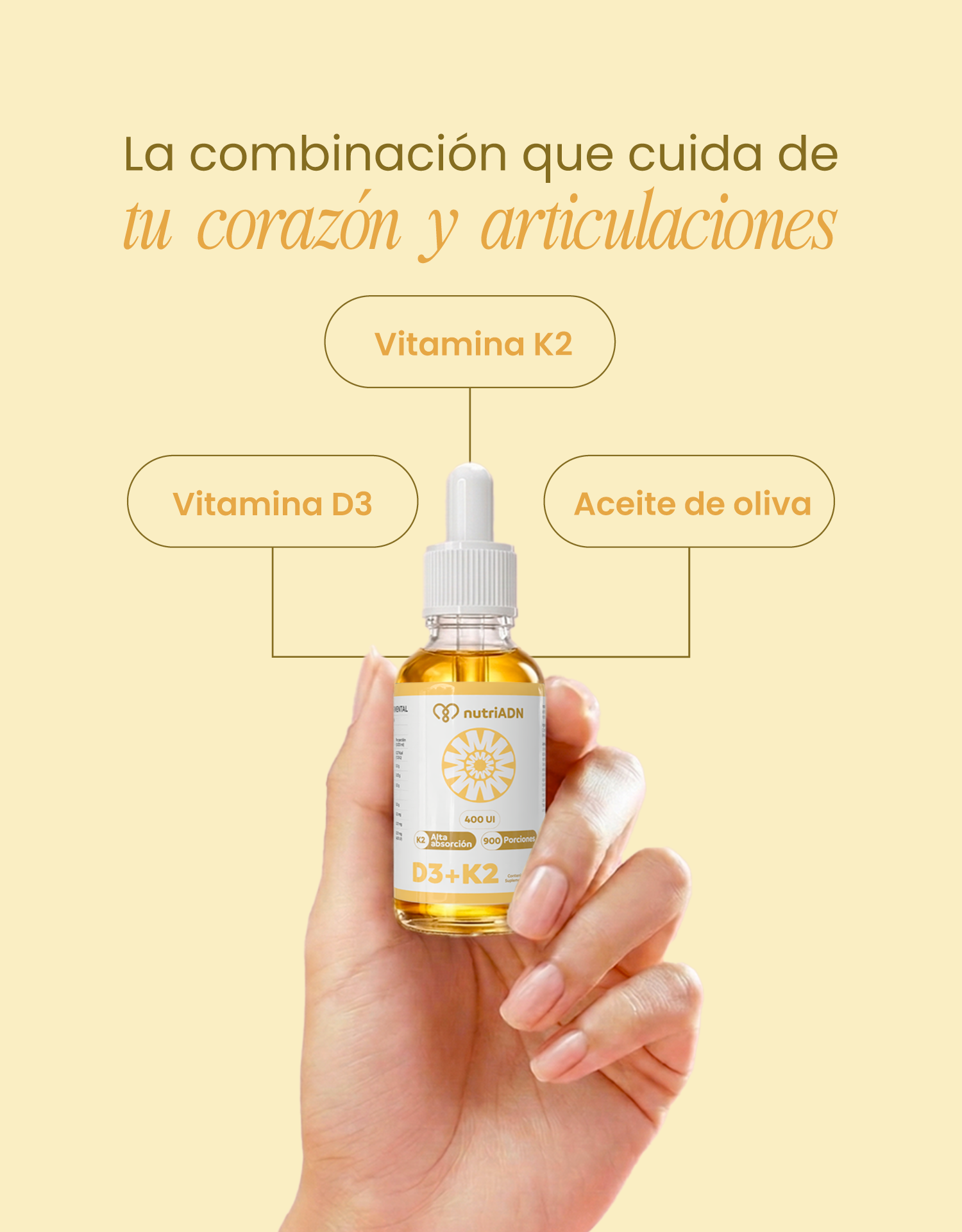 Vitamina D3 + K2: absorción eficiente de calcio y soporte integral  30 ml | 900 porciones | 400 UI por gota