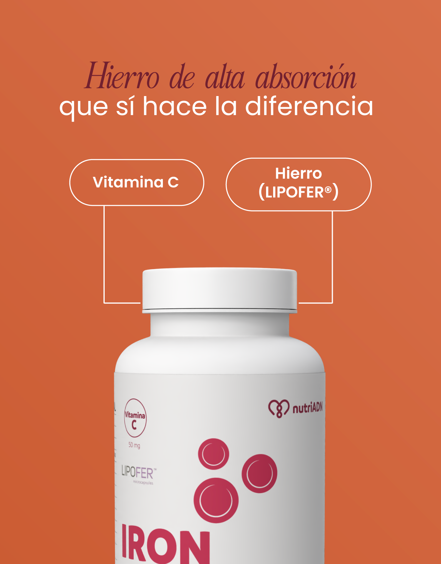 Iron Plus de nutriADN - Suplemento de Hierro de Alta Absorción 450 MG (LIPOFER®) con Vitamina C (120 Cápsulas)